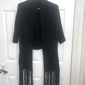 BCBG MaxAzria Black Wool Fringe Scarf Shrug Bolero Cardigan With Sleeves